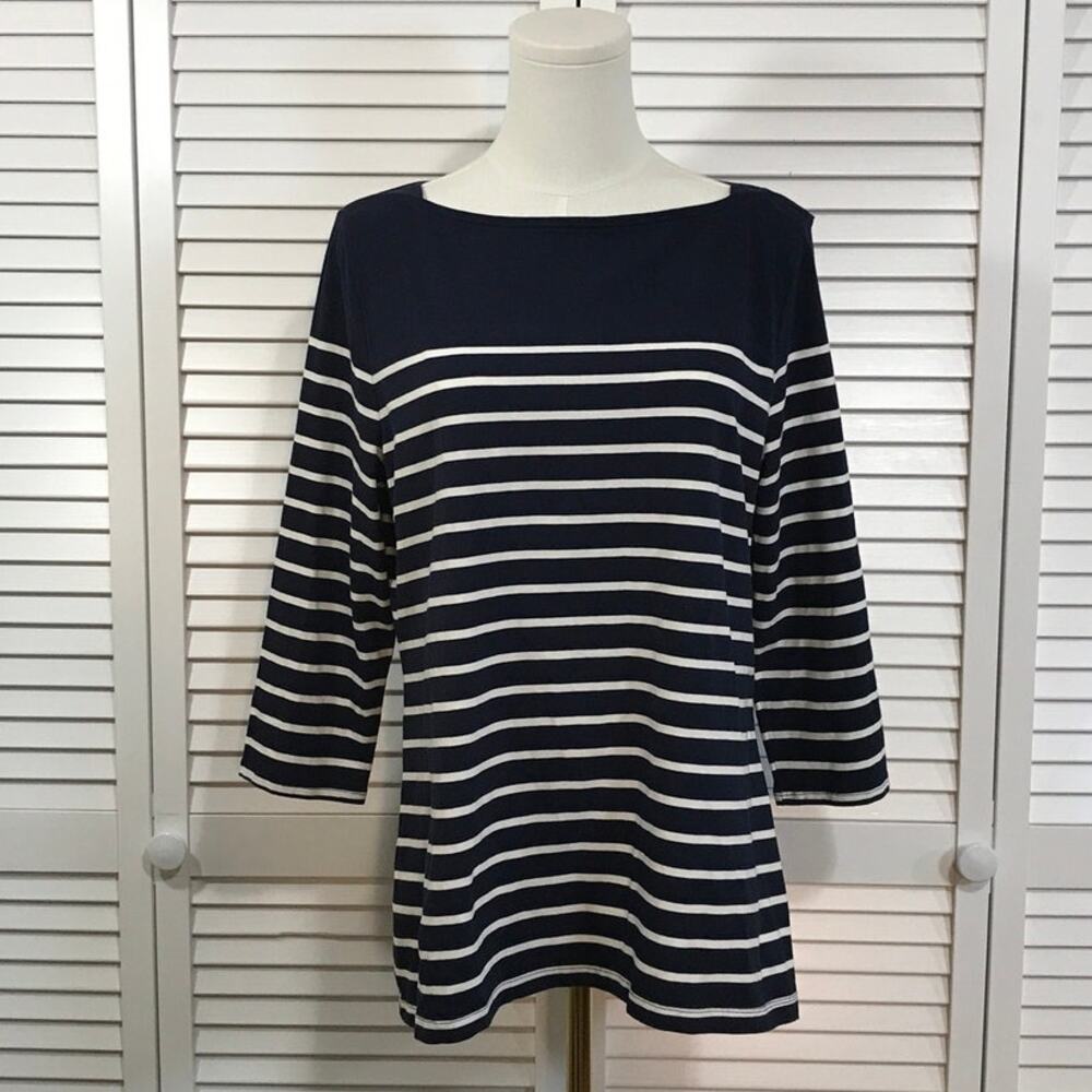 A New Day Navy Blue White Striped Preppy Boatneck Knit Blouse XL